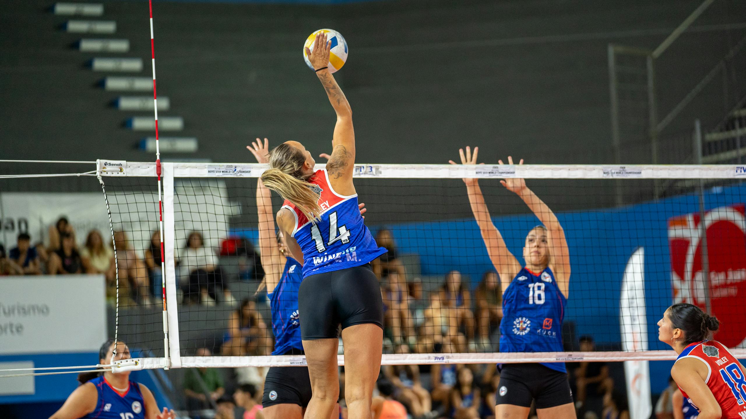 Dynamic women’s indoor volleyball action showcasing a spike during a competitive match.